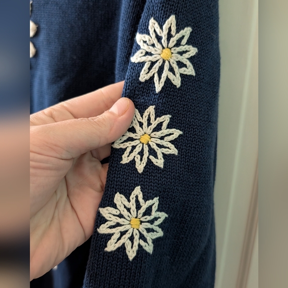 The Quacker Factory Daisy Sweater Womens Size L Blue Knit Floral V Neck - Picture 5 of 10